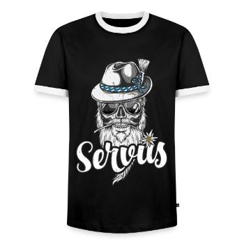 Servus Bekleidung Bayern Dialekt - Männer Kontrast-T-Shirt - Schwarz/Weiß - Vorne - AI Model Female 172 light (172cm) & AI Model Male 178 light (178cm)