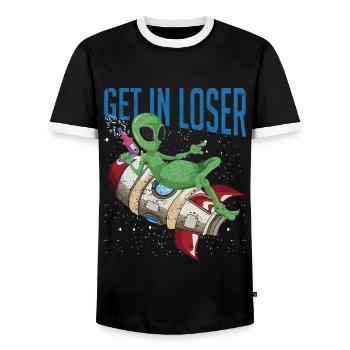 Funny Alien UFO Science Fiction Alien - Men's Ringer Shirt - black/white - Front - AI Model Female 172 light (172cm) & AI Model Male 178 light (178cm)