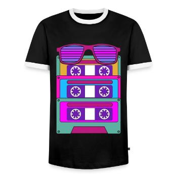 Retro 80er Mottoparty Kostüm Geschenk Kassette - Männer Kontrast-T-Shirt - Schwarz/Weiß - Vorne - AI Model Female 172 light (172cm) & AI Model Male 178 light (178cm)