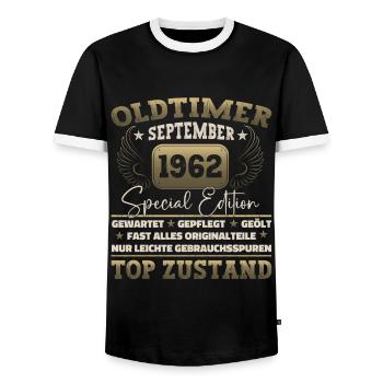Oldtimer September 1962 60th birthday Geschen - Men's Ringer Shirt - black/white - Front - AI Model Female 172 light (172cm) & AI Model Male 178 light (178cm)