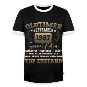 Oldtimer September 1987 35th birthday Geschen - Men's Ringer Shirt - black/white - Front - AI Model Female 172 light (172cm) & AI Model Male 178 light (178cm)