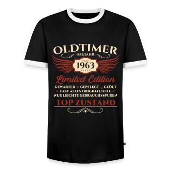 Oldtimer 60. Geburtstag Mann Mai Jahrgang 1963 - Männer Kontrast-T-Shirt - Schwarz/Weiß - Vorne - AI Model Female 172 light (172cm) & AI Model Male 178 light (178cm)