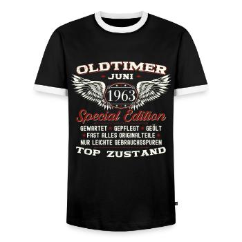 60. Geburtstag Mann Juni Jahrgang 1963 Oldtimer - Männer Kontrast-T-Shirt - Schwarz/Weiß - Vorne - AI Model Female 172 light (172cm) & AI Model Male 178 light (178cm)