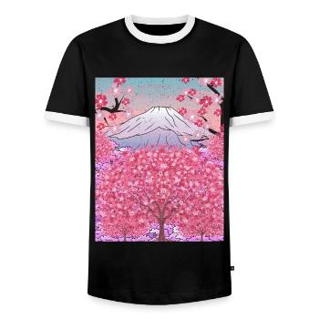 Japan Nature Mountain Sakura Gift Cherry Blossoms - Men's Ringer Shirt - black/white - Front - AI Model Female 172 light (172cm) & AI Model Male 178 light (178cm)