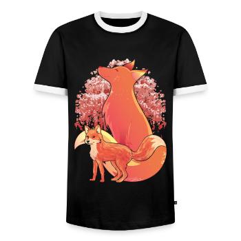 Cherry Blossom Forest Animal Sakura Fox Gift Fox - Men's Ringer Shirt - black/white - Front - AI Model Female 172 light (172cm) & AI Model Male 178 light (178cm)