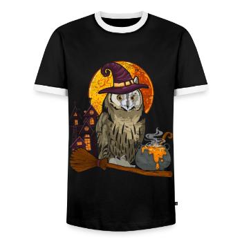 Witch Hat Wise Bird Gift Halloween Owl - Men's Ringer Shirt - black/white - Front - AI Model Female 172 light (172cm) & AI Model Male 178 light (178cm)