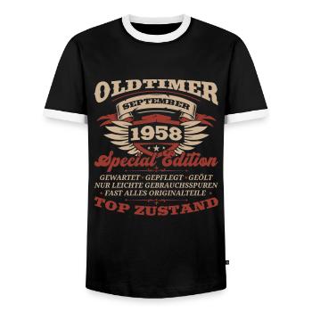 65. Geburtstag Oldtimer September Jahrgang 1958 - Männer Kontrast-T-Shirt - Schwarz/Weiß - Vorne - AI Model Female 172 light (172cm) & AI Model Male 178 light (178cm)
