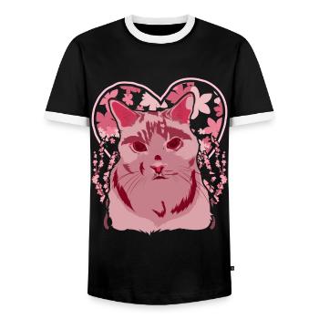 Sakura Coeur Chats Cadeau Cerisier Fleurs Chat - T-shirt contrasté Homme - noir/blanc - Devant - AI Model Female 172 light (172cm) & AI Model Male 178 light (178cm)