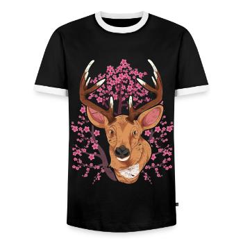 Cherry Blossom Forest Animal Gift Sakura Deer - Men's Ringer Shirt - black/white - Front - AI Model Female 172 light (172cm) & AI Model Male 178 light (178cm)
