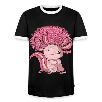 Cherry Blossom Tree Amphibian Gift Sakura Axolotl - Men's Ringer Shirt - black/white - Front - AI Model Female 172 light (172cm) & AI Model Male 178 light (178cm)