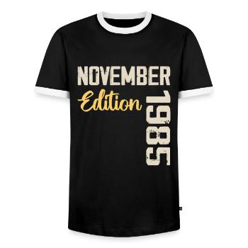 Geboren im November 1985 - Ausgabe 1985 - Männer Kontrast-T-Shirt - Schwarz/Weiß - Vorne - AI Model Female 172 light (172cm) & AI Model Male 178 light (178cm)