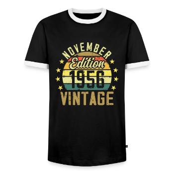 The legends were born in November 1956 - 1956 - Men's Ringer Shirt - black/white - Front - AI Model Female 172 light (172cm) & AI Model Male 178 light (178cm)