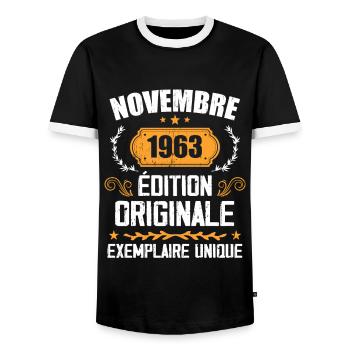 Cadeau D'anniversaire En Novembre 1963 - 1963 - T-shirt contrasté Homme - noir/blanc - Devant - AI Model Female 172 light (172cm) & AI Model Male 178 light (178cm)