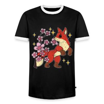 Cherry Blossoms Woodland Animal Gift Sakura Fox - Men's Ringer Shirt - black/white - Front - AI Model Female 172 light (172cm) & AI Model Male 178 light (178cm)