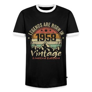 The legends were born in 1958 - 1958 - Men's Ringer Shirt - black/white - Front - AI Model Female 172 light (172cm) & AI Model Male 178 light (178cm)
