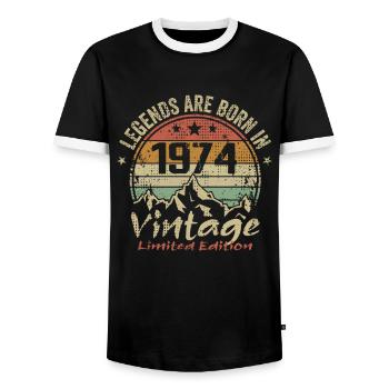 The legends were born in 1974 - 1974 - Men's Ringer Shirt - black/white - Front - AI Model Female 172 light (172cm) & AI Model Male 178 light (178cm)