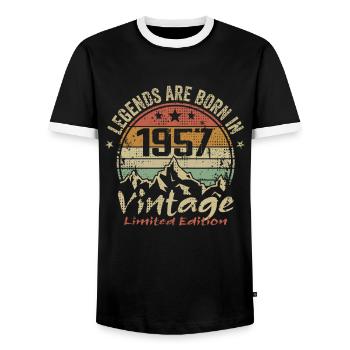 Die Legenden wurden in den Jahren 1957 - 1957 geboren - Männer Kontrast-T-Shirt - Schwarz/Weiß - Vorne - AI Model Female 172 light (172cm) & AI Model Male 178 light (178cm)