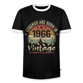 The legends were born in 1966 - 1966 - Men's Ringer Shirt - black/white - Front - AI Model Female 172 light (172cm) & AI Model Male 178 light (178cm)