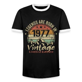 The legends were born in 1977 - 1977 - Men's Ringer Shirt - black/white - Front - AI Model Female 172 light (172cm) & AI Model Male 178 light (178cm)