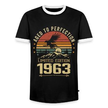 1963 Original Vintage Retro 1963 Anniversary - Men's Ringer Shirt - black/white - Front - AI Model Female 172 light (172cm) & AI Model Male 178 light (178cm)