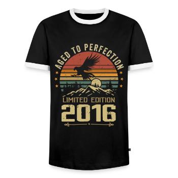 2016 Original Vintage Retro 2016 Anniversary - Men's Ringer Shirt - black/white - Front - AI Model Female 172 light (172cm) & AI Model Male 178 light (178cm)