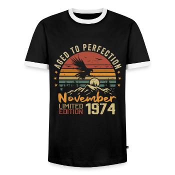 The legends were born in November 1974 - 1974 - Men's Ringer Shirt - black/white - Front - AI Model Female 172 light (172cm) & AI Model Male 178 light (178cm)