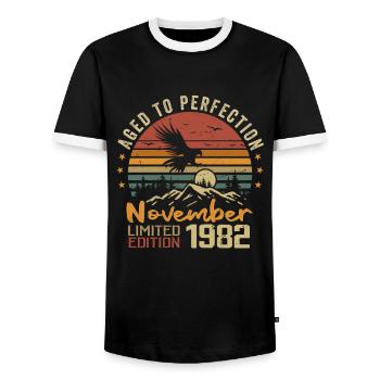 Die Legenden wurden im November 1982 - 1982 geboren - Männer Kontrast-T-Shirt - Schwarz/Weiß - Vorne - AI Model Female 172 light (172cm) & AI Model Male 178 light (178cm)