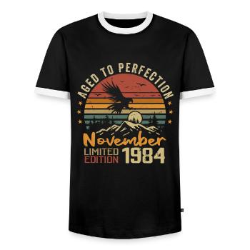 Die Legenden wurden im November 1984 - 1984 geboren - Männer Kontrast-T-Shirt - Schwarz/Weiß - Vorne - AI Model Female 172 light (172cm) & AI Model Male 178 light (178cm)