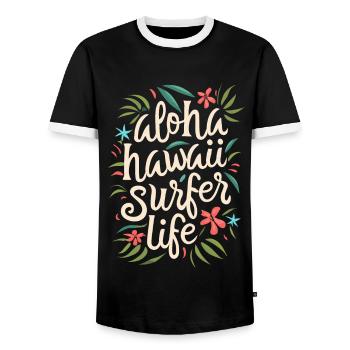 Surfing Surfer Aloha Saying Quote - Men's Ringer Shirt - black/white - Front - AI Model Female 172 light (172cm) & AI Model Male 178 light (178cm)