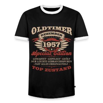 66. Geburtstag Oldtimer Dezember Jahrgang 1957 - Männer Kontrast-T-Shirt - Schwarz/Weiß - Vorne - AI Model Female 172 light (172cm) & AI Model Male 178 light (178cm)