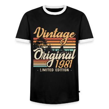 Vintage Anniversary Made in 1981 Retro 1981 - Men's Ringer Shirt - black/white - Front - AI Model Female 172 light (172cm) & AI Model Male 178 light (178cm)