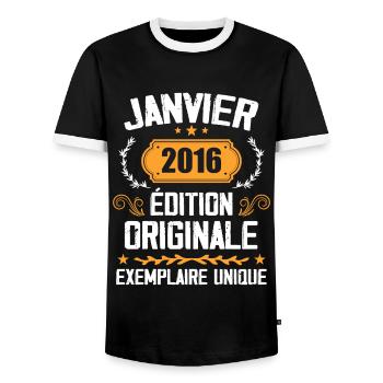 Jubiläumsgeschenk Jahrgang Januar 2016 - 2016 - Männer Kontrast-T-Shirt - Schwarz/Weiß - Vorne - AI Model Female 172 light (172cm) & AI Model Male 178 light (178cm)