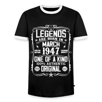 March 1947 Vintage 77 Year Anniversary Gift - Men's Ringer Shirt - black/white - Front - AI Model Female 172 light (172cm) & AI Model Male 178 light (178cm)