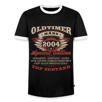 20. Geburtstag Oldtimer März Jahrgang 2004 - Männer Kontrast-T-Shirt - Schwarz/Weiß - Vorne - AI Model Female 172 light (172cm) & AI Model Male 178 light (178cm)