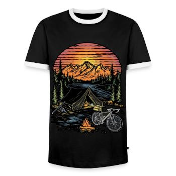 Bicycle Camping Camping Mountains Nature Excursion - Men's Ringer Shirt - black/white - Front - AI Model Female 172 light (172cm) & AI Model Male 178 light (178cm)