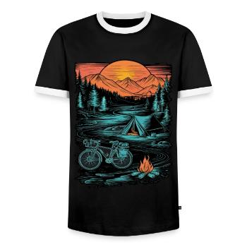 Bicycle Camping Camping Mountains Nature Excursion - Men's Ringer Shirt - black/white - Front - AI Model Female 172 light (172cm) & AI Model Male 178 light (178cm)