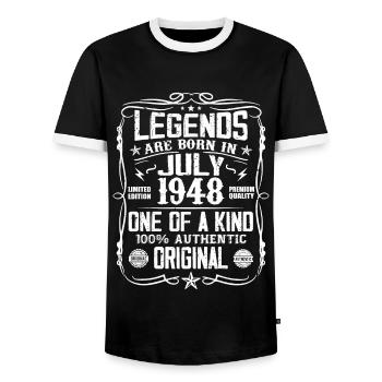 Jahrgang Juli 1948 Geburtstag 1948 Juli 1948 - Männer Kontrast-T-Shirt - Schwarz/Weiß - Vorne - AI Model Female 172 light (172cm) & AI Model Male 178 light (178cm)