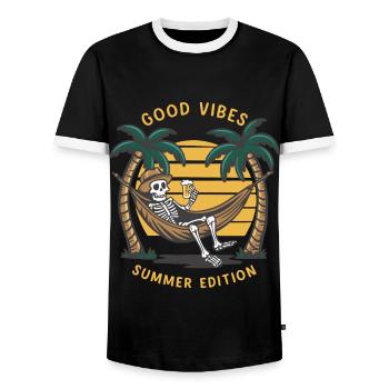 Skeleton in the hammockBeach vacation - Men's Ringer Shirt - black/white - Front - AI Model Female 172 light (172cm) & AI Model Male 178 light (178cm)