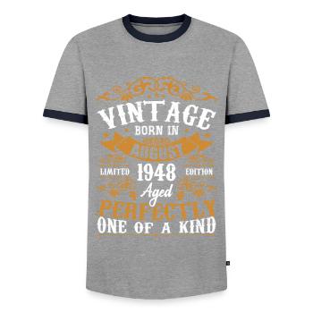 Birthday August 1948 - Awesome Since August 1948 - Men's Ringer Shirt - grey/navy  - Front - AI Model Female 172 light (172cm) & AI Model Male 178 light (178cm)