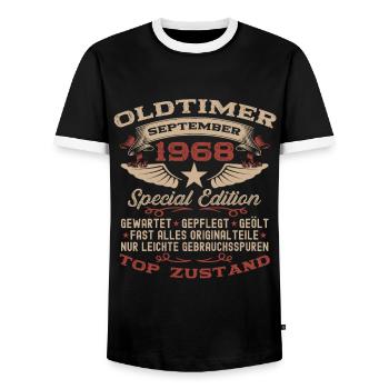 56ème Anniversaire Voiture Classique Septembre 1968 Vintage 68 - T-shirt contrasté Homme - noir/blanc - Devant - AI Model Female 172 light (172cm) & AI Model Male 178 light (178cm)