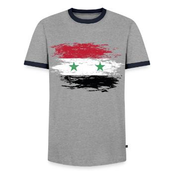 Drapeau de la Syrie utilisé - T-shirt contrasté Homme - gris/marine  - Devant - AI Model Female 172 light (172cm) & AI Model Male 178 light (178cm)