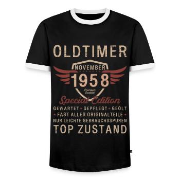 66. Geburtstag Oldtimer November 1958 Jahrgang 58 - Männer Kontrast-T-Shirt - Schwarz/Weiß - Vorne - AI Model Female 172 light (172cm) & AI Model Male 178 light (178cm)