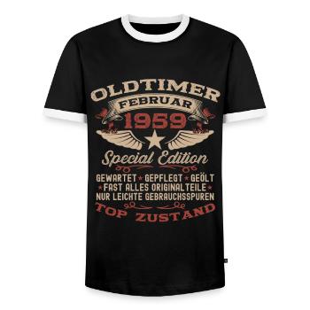 66. Geburtstag Oldtimer Februar Jahrgang 1959 - Männer Kontrast-T-Shirt - Schwarz/Weiß - Vorne - AI Model Female 172 light (172cm) & AI Model Male 178 light (178cm)