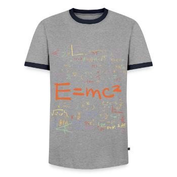 Physics and Math Formulas EMC2 - Men's Ringer Shirt - grey/navy  - Front - AI Model Female 172 light (172cm) & AI Model Male 178 light (178cm)