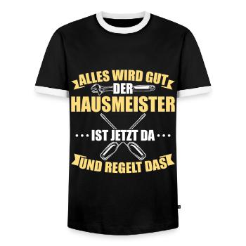 Hausmeister ist da und regelt das / Handwerker - Männer Kontrast-T-Shirt - Schwarz/Weiß - Vorne - AI Model Female 172 light (172cm) & AI Model Male 178 light (178cm)