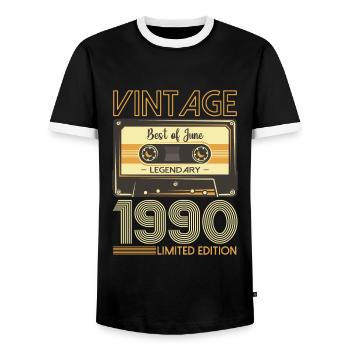 33 Birthday Man Cassette June Vintage 1990 - Men's Ringer Shirt - black/white - Front - AI Model Female 172 light (172cm) & AI Model Male 178 light (178cm)