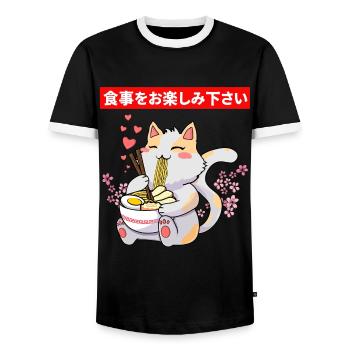 Niedliche Katze, die eine Schüssel Ramen isst - Männer Kontrast-T-Shirt - Schwarz/Weiß - Vorne - AI Model Female 172 light (172cm) & AI Model Male 178 light (178cm)