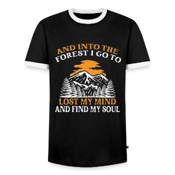 And Into The Forest I Go - Camping Hiking Sayings - Men's Ringer Shirt - black/white - Front - AI Model Female 172 light (172cm) & AI Model Male 178 light (178cm)