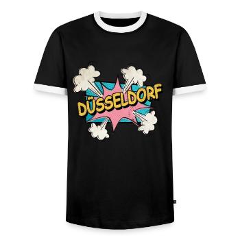 Dusseldorf Germany City Font Pop Art Comic - Men's Ringer Shirt - black/white - Front - AI Model Female 172 light (172cm) & AI Model Male 178 light (178cm)