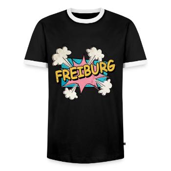 Freiburg Germany City Font Pop Art Comic - Men's Ringer Shirt - black/white - Front - AI Model Female 172 light (172cm) & AI Model Male 178 light (178cm)